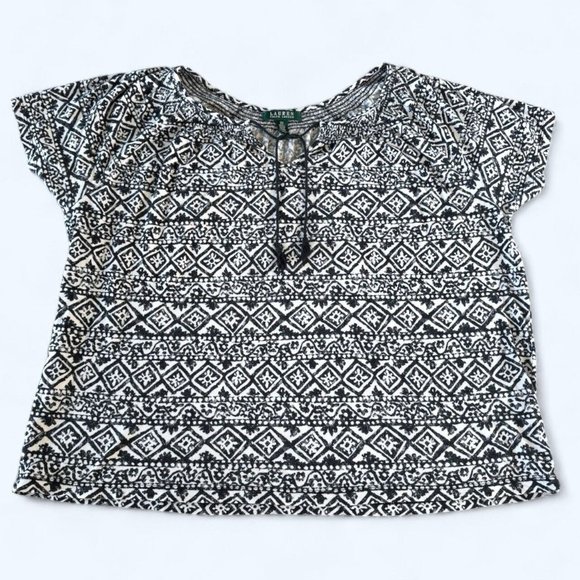 Lauren Ralph Lauren Women’s Aztec Print Short Sleeve Top Navy/White Size 2X - Picture 1 of 5